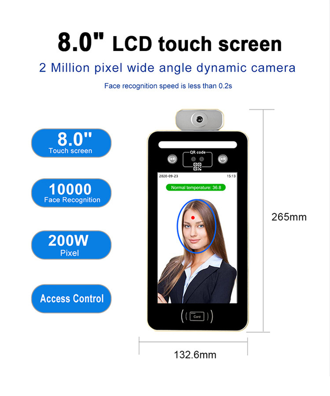 8 inci LCD Pembacaan Wajah Mesin Biometrik Suhu 512M DDR3 DC12V 2A
